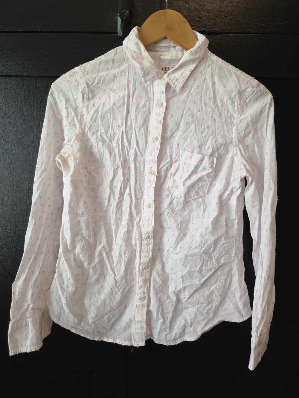 Women's White Button-Down Shirt with Pink Dot Pattern